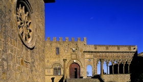 Palazzo Papale e in primo piano un rosone della Cattedrale di San Lorenzo