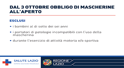 L’ordinanza della Regione Lazio: dal 3 ottobre obbligo di mascherine all’aperto