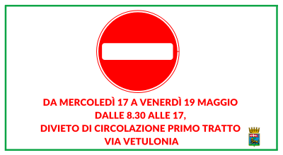 Da mercoledì 17 a venerdi 19 maggio, divieto di circolazione primo tratto via Vetulonia
