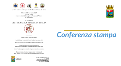 Presentazione I° edizione del CRITERIUM 120 MIGLIA IN TUSCIA. Mercoledì 27 novembre, ore 11 – sala consiliare di Palazzo dei Priori